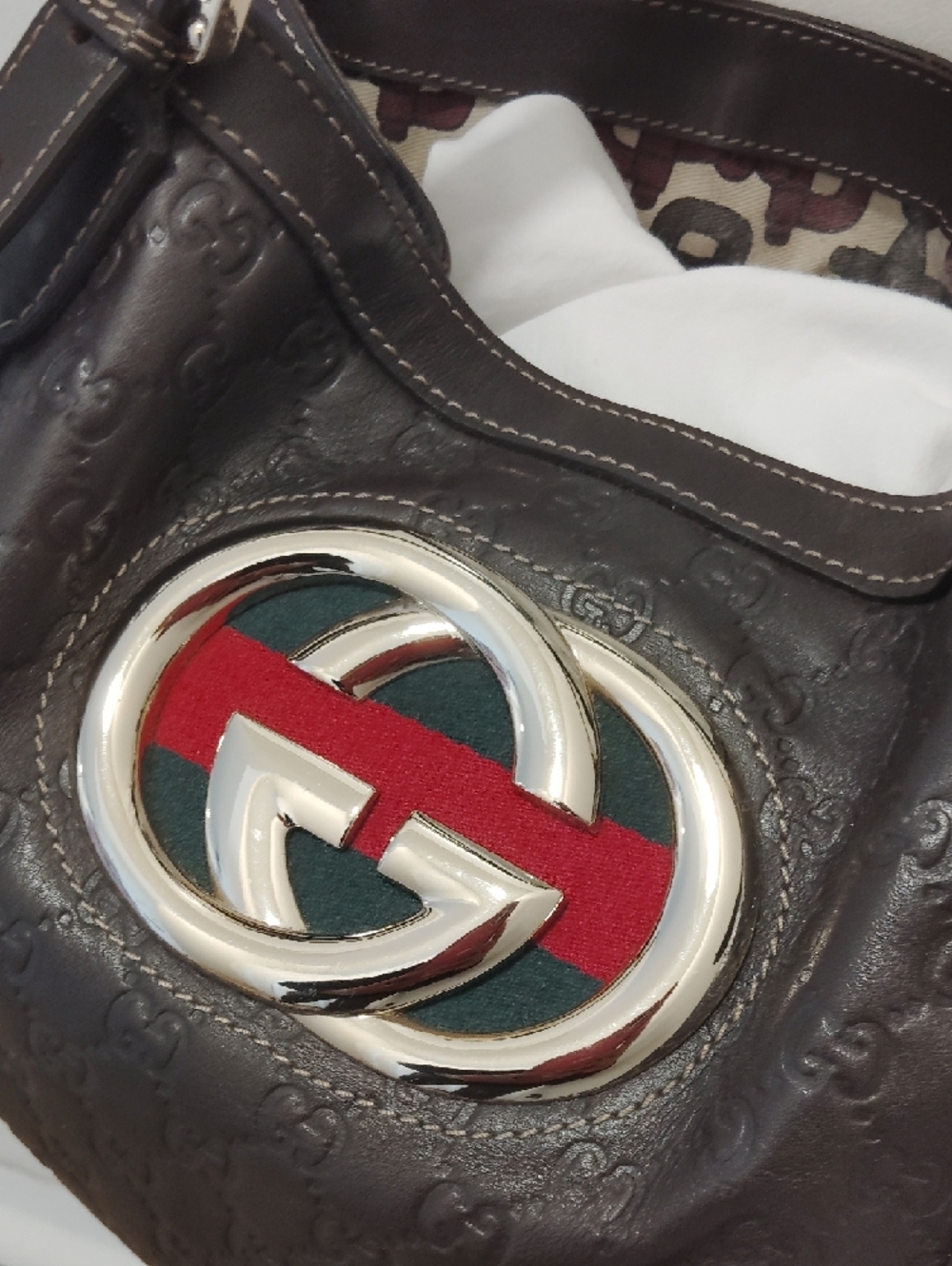 Pre-Loved Gucci Brown Leather Shoulder Bag with Green-Red Web and Gold Hardware - Picture 3 of 12